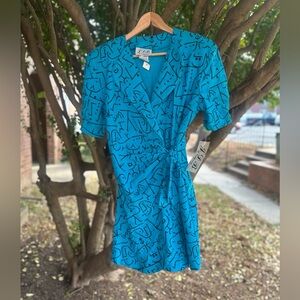 Vintage 80s doodle print wrap mini dress